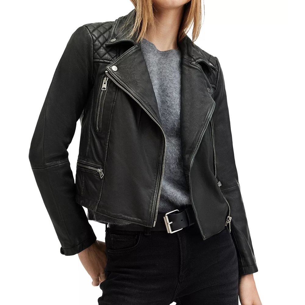 All Saints Black Cargo Leather Jacket size US 6